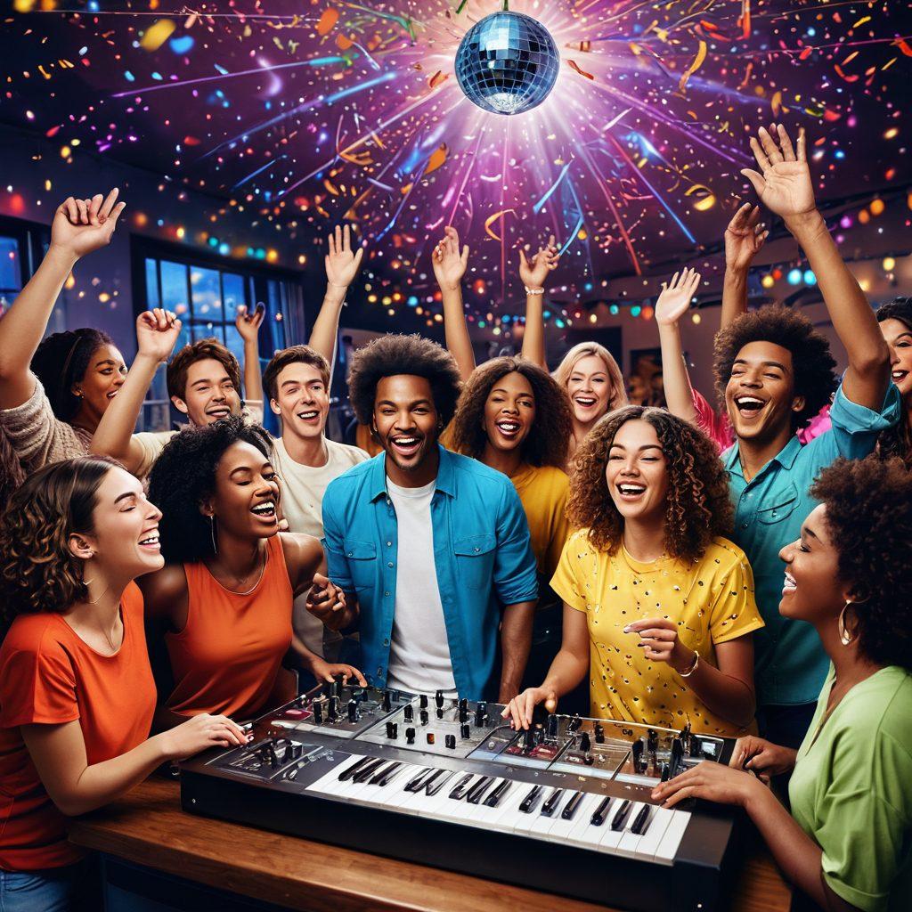 A vibrant scene featuring a group of diverse friends joyfully mixing music on a large colorful soundboard, surrounded by lively decorations and party lights. Musical notes and symbols dance in the air, reflecting the upbeat atmosphere, while cheerful confetti floats around, hinting at a celebration. The background should have a cozy indoor setting with a hint of a disco ball shining above. super-realistic. vibrant colors. party theme.
