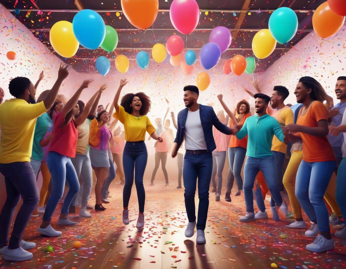 A vibrant scene of a lively party atmosphere with colorful decorations, people dancing joyfully, and DJ equipment in action, surrounded by musical notes and vibrant beats radiating from large speakers. Bright balloons and confetti fill the air, creating a festive mood. Super-realistic. Vibrant colors. 3D.