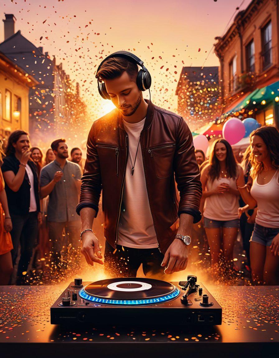 A vibrant and energetic scene of a DJ performing at a lively outdoor celebration, surrounded by dancing guests with colorful lights and decorations. The DJ is mixing on a stylish turntable, while colorful sound waves radiate outwards, creating a joyous atmosphere. Confetti and balloons fill the air, capturing the essence of celebration and delight. Captivating sunset in the background adds warmth to the scene. super-realistic. vibrant colors. high energy.